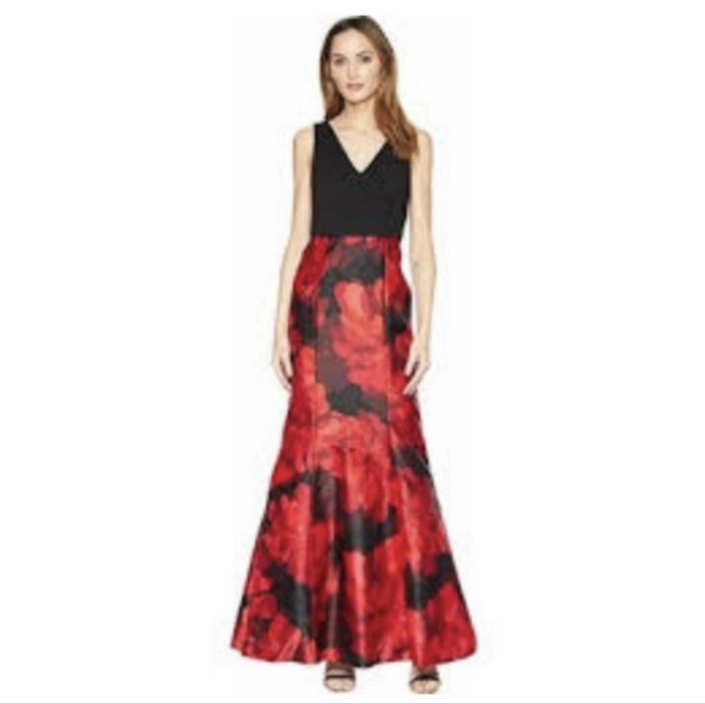 Calvin Klein size 14 formal gown red, black, v neck